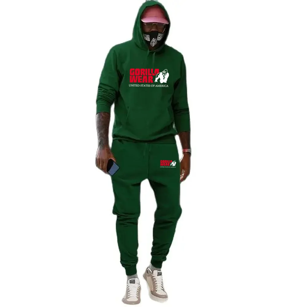 Autumn Winter Men's Sets Funny Graphics Gorilla Wear Printed Plus Fleece Fashion Hoody Men Hoodies Sweatshirts Sweatpants Suit 6