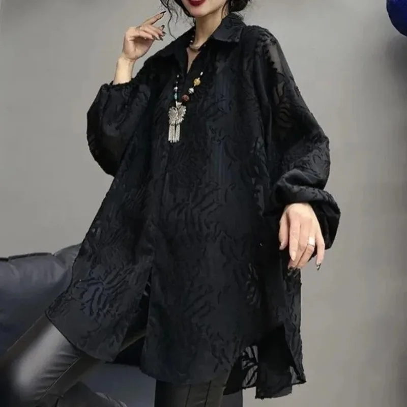Women 2024 Early Spring New Casual Mid Length Fashion Solid Color Polo Neck Printed Long Sleeve Hollow Loose Pullover Shirt Tops