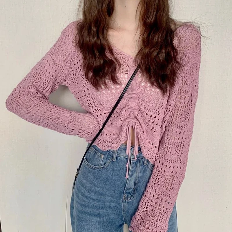 

Женский ажурный топ с V-образным вырезом и рюшами, вязаный крючком Кружевной укороченный Топ с длинным рукавом, корейская мода, синий и розовый пуловер для женщин на лето