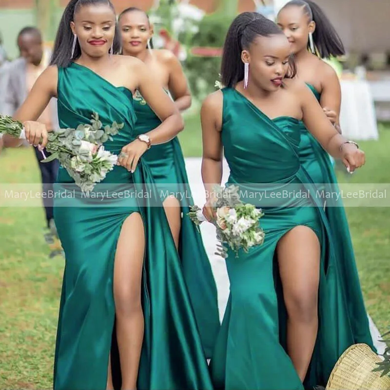 

Draped One Shoulder Teal Bridesmaid Dresses for Women Sexy High Slit Mermaid Wedding Reception Party Dress Maid of Honor Gowns