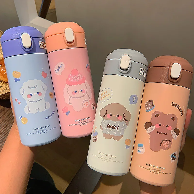 Stainless Steel Thermos Vacuum Flask Creative Straw Cup Cute Thermal Insulation Water Bottle Practical Gift About 380ml