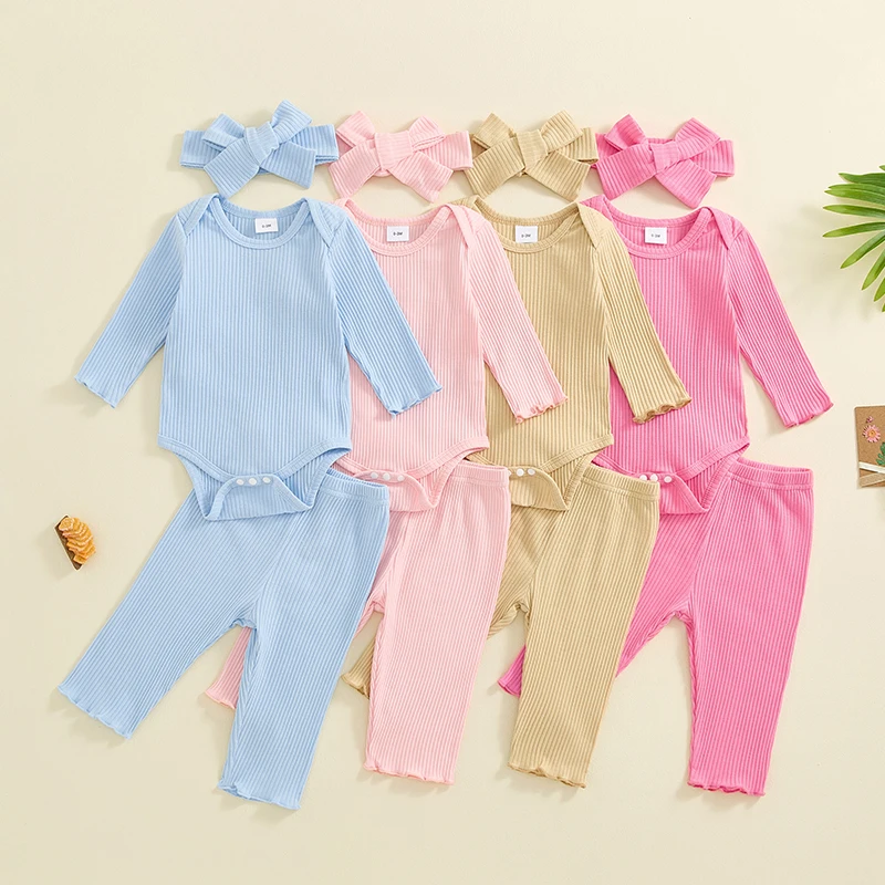 Girls Clothing Set 0-18M Newborn Baby 3pcs Solid Color Ribbed Long Sleeve Romper + Pants + Headband