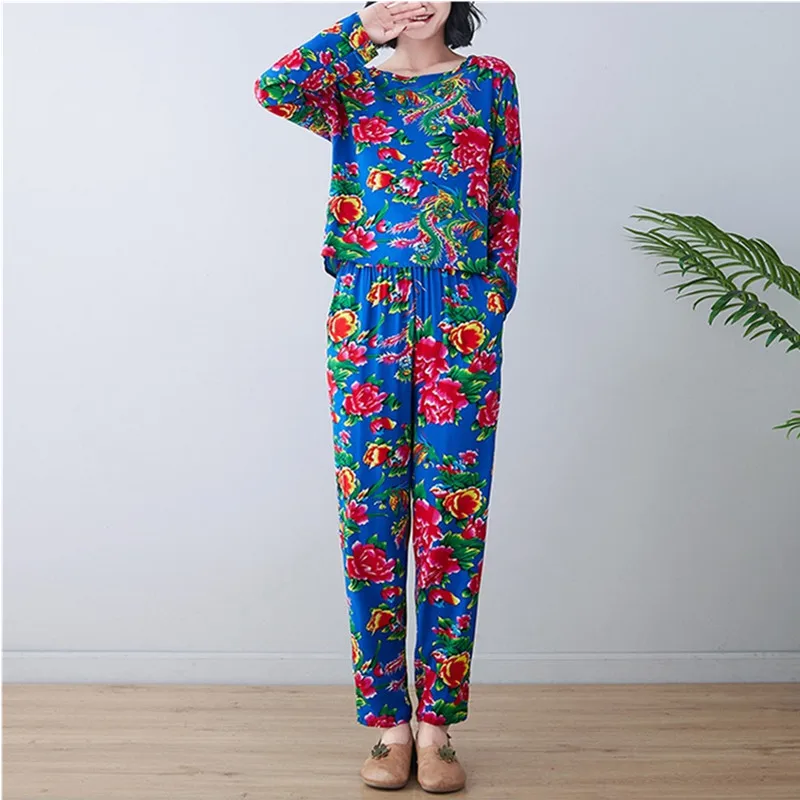 UHYTGF Middle-Aged Womens Spring Summer Suits Pajamas Printed Cotton Silk Home Clothes Female Thin Sleepwear 4XL Loose Size 2374