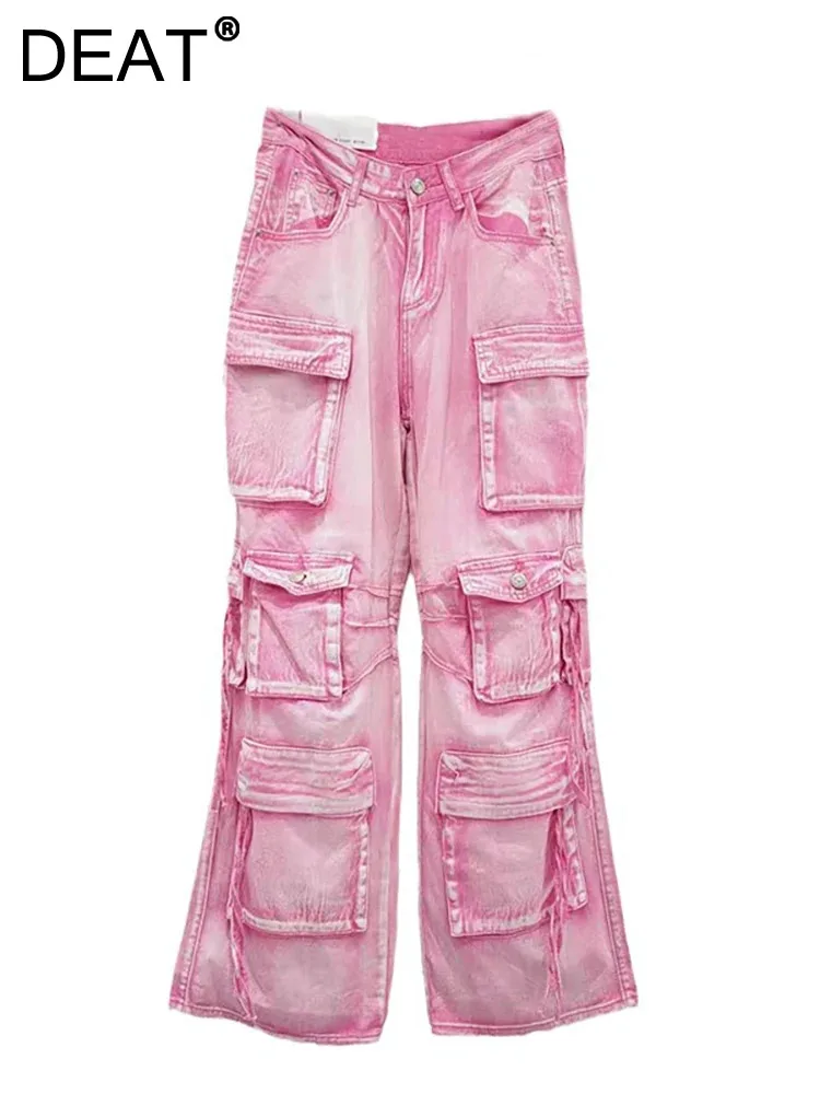 DEAT Women's Jeans High Waist Multiple Pockets Pink Washed DEAT Women's Jeans High Waist Multiple Pockets Pink Washed