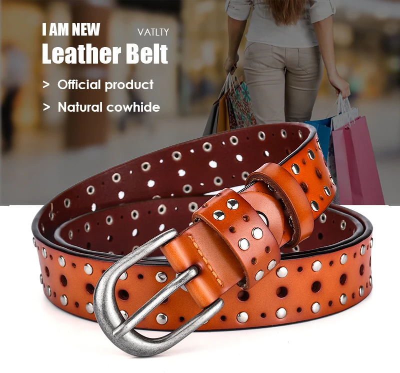 Vatlty Fashion Damen Ledergürtel Legierung Schnalle Niet Punk Gürtel für weibliche 2,5 cm natürliche Rindsleder Damen Hip Hop Gürtel Bund – Detail 1