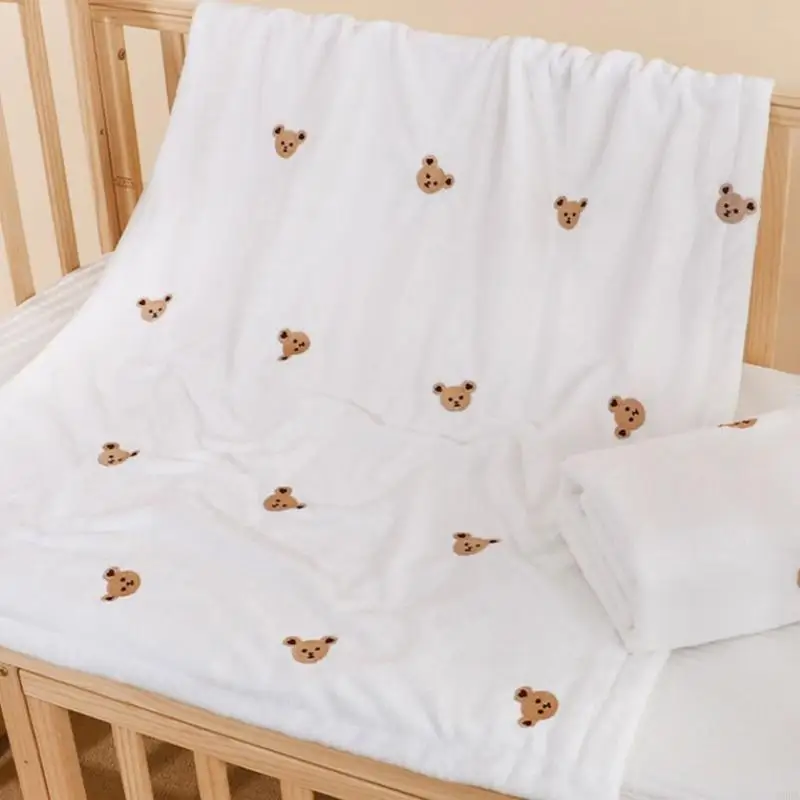 090A Lightweight Flannel Blanket with Delicate Bear Stitching Infant Bedding Blanket Offers Comfort & Warmth Large Size Wrap