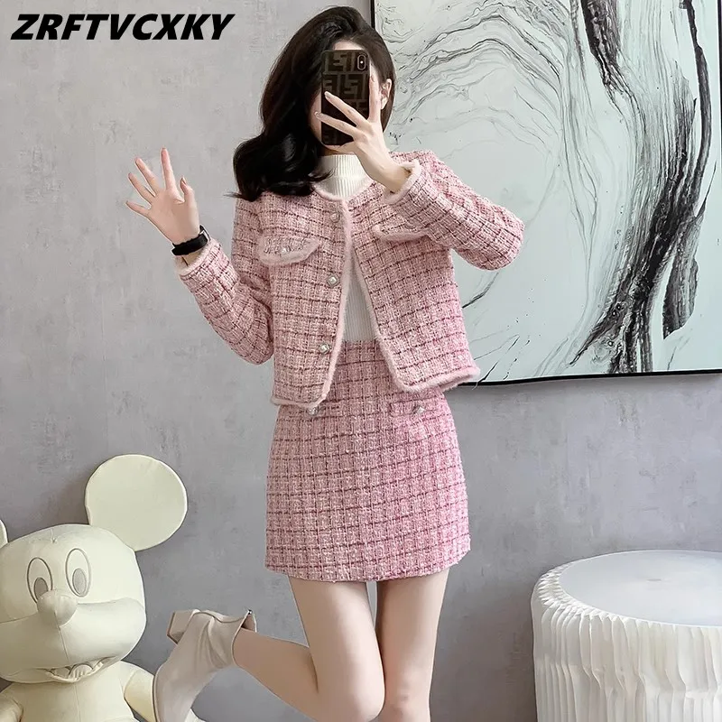 

Small Fragrant Sweet Pink Tweed 2 Piece Set Female Single Breasted Jacket Coat+Mini Skirt Outfits Winter Lattice Woolen Suits