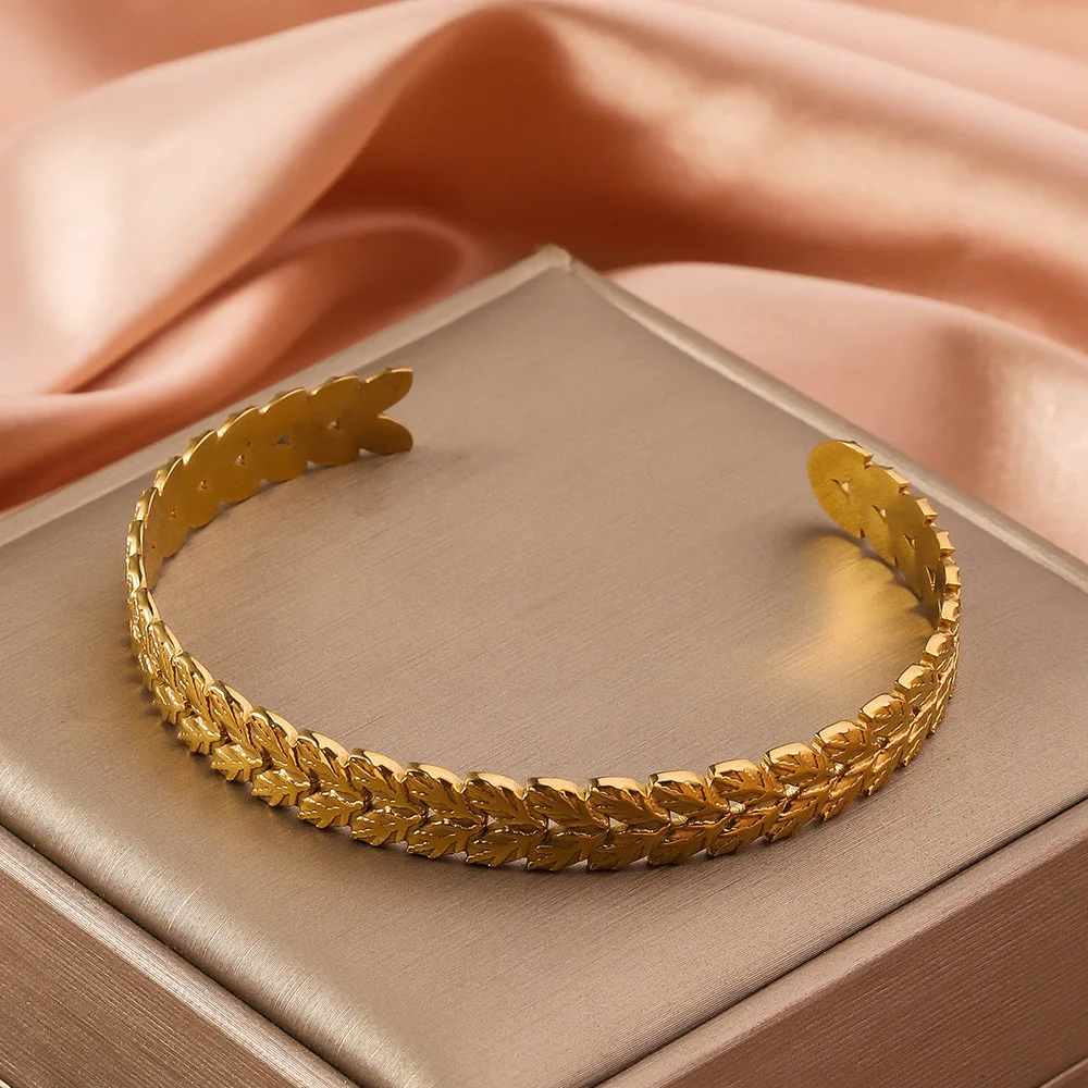 Women's Retro Adjustable Leaf Shaped Bangle Bracelet, Non Fading Exaggerated Stainless Steel Gold Color Metal Bracelet 2