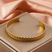 Women's Retro Adjustable Leaf Shaped Bangle Bracelet, Non Fading Exaggerated Stainless Steel Gold Color Metal Bracelet 2