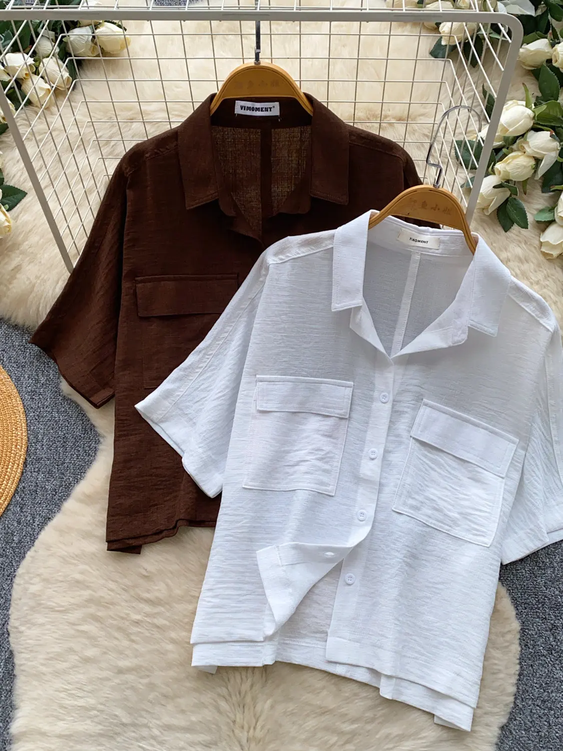 2026 New Women'S Short Sleeve Shirt Casual Loose Button Pockets Office Lady Work Tops