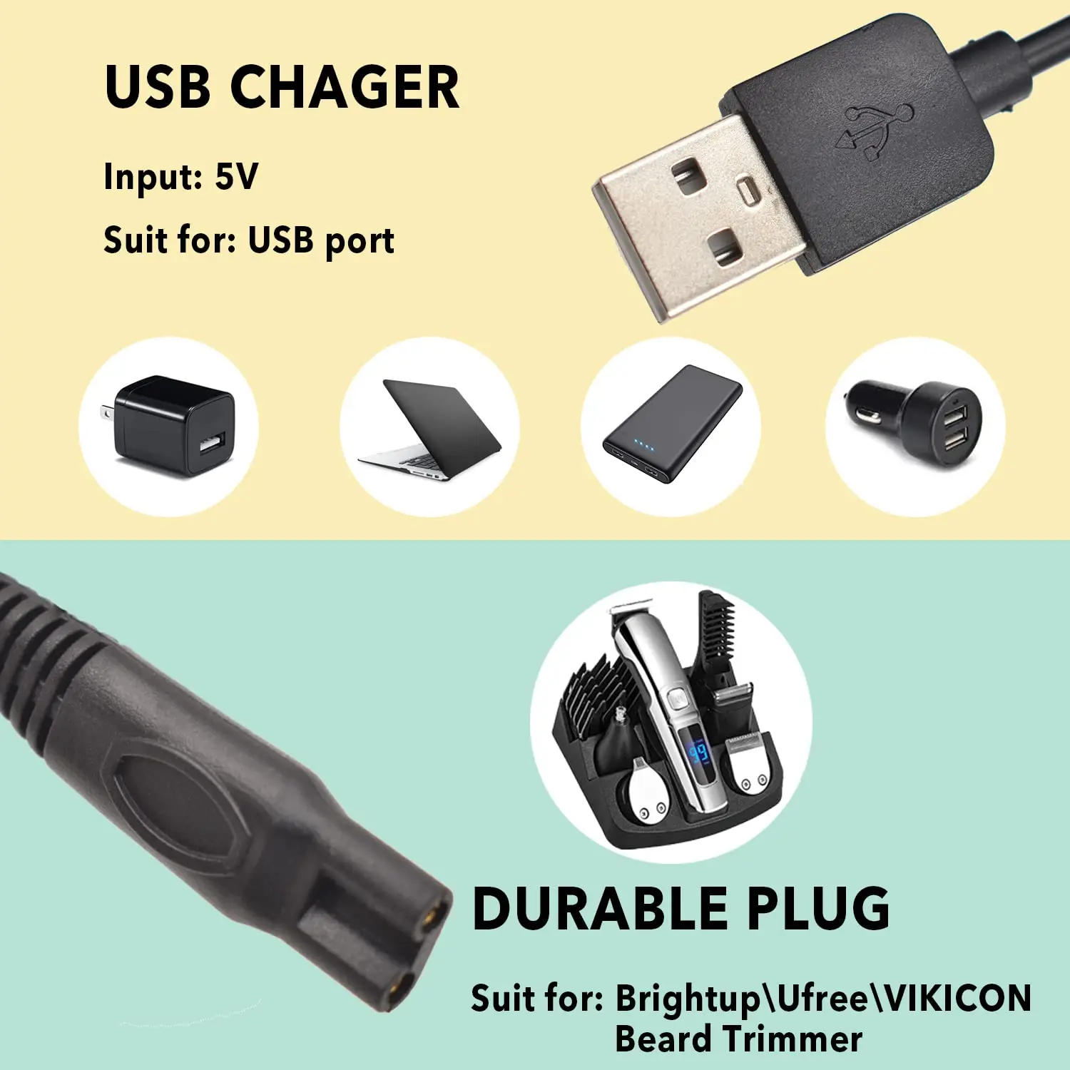 hq850 Charger Cable fit for Brightup/Ufree/VIKICON Beard Trimmer multifunctional grooming kit Hair Clippers USB Cab