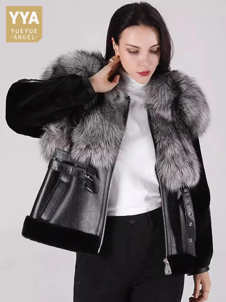 

Luxury Women Patchwork Real Fox Fur Collar Coat Thick Warm Wool Lining Overcoat Belted Waist Lambswool Genuine Leather Jacket