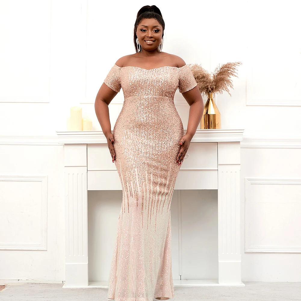 Plus Size Off Shoulder Black Gold Sequin Evening Dress Long Prom Dress  Elegant V Neck Party Maxi Dress For Women | sdr.com.ec