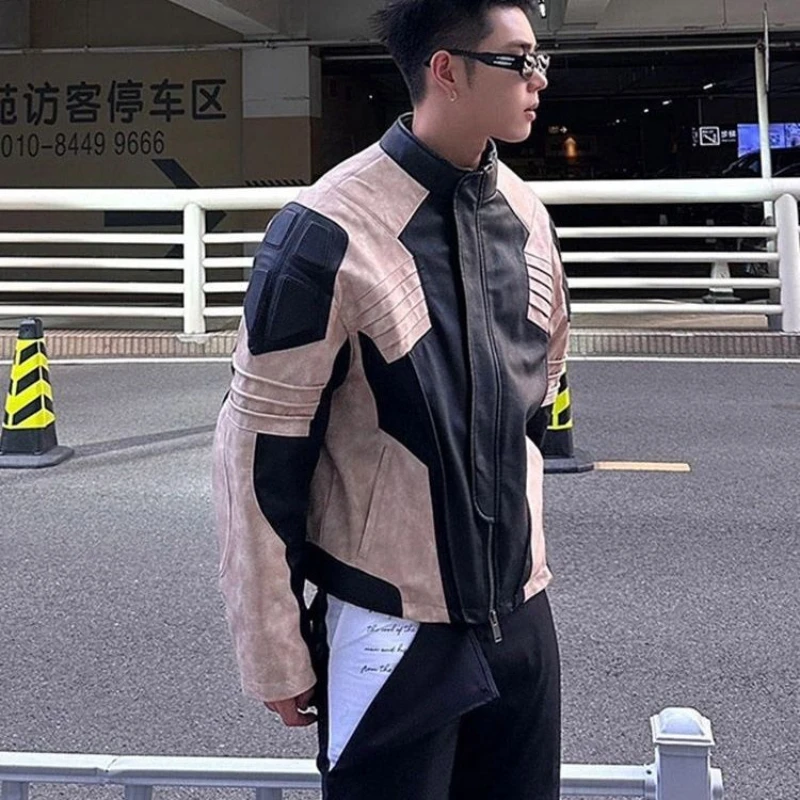 American streetwear color contrast splicing design short motorcycle jacket men's and women's loose high-end leather jacket Hot