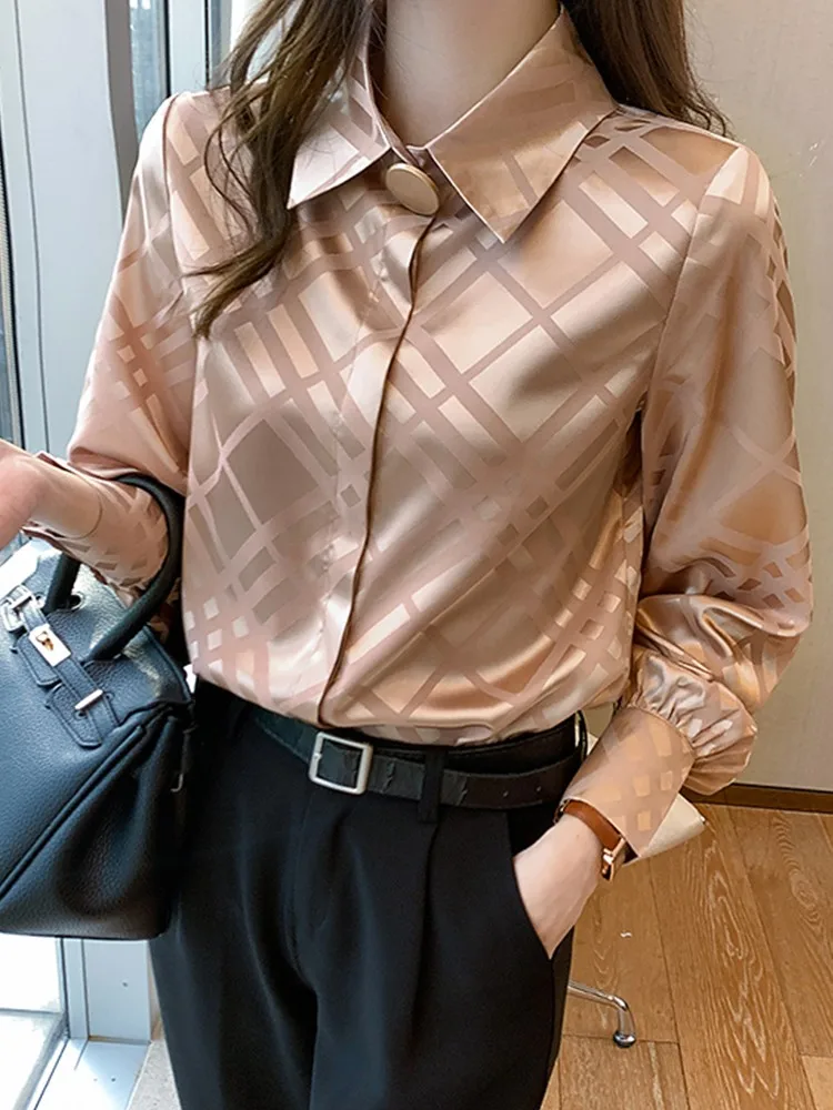 

Women Elegant Satin Shirts Designer Blouses Ladies Chiffon Shirts 2022 Female Tops Fashion Office Lady Turn-down Collar Clothes