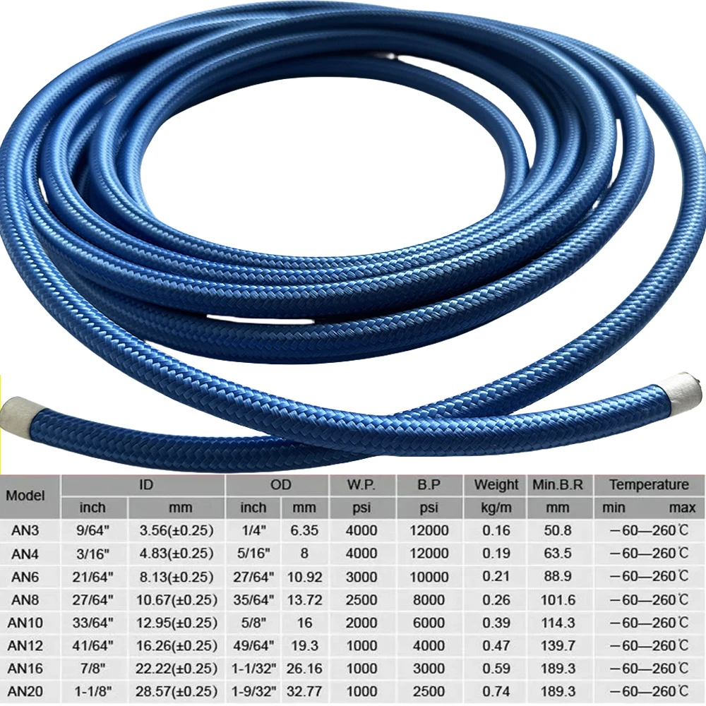 1M-10M AN4-AN20 Fuel Pipe Hose PTFE Gas Cooler Pipeline Pipe Nylon 304 Stainless Steel Braided High Temperature Resistant Blue