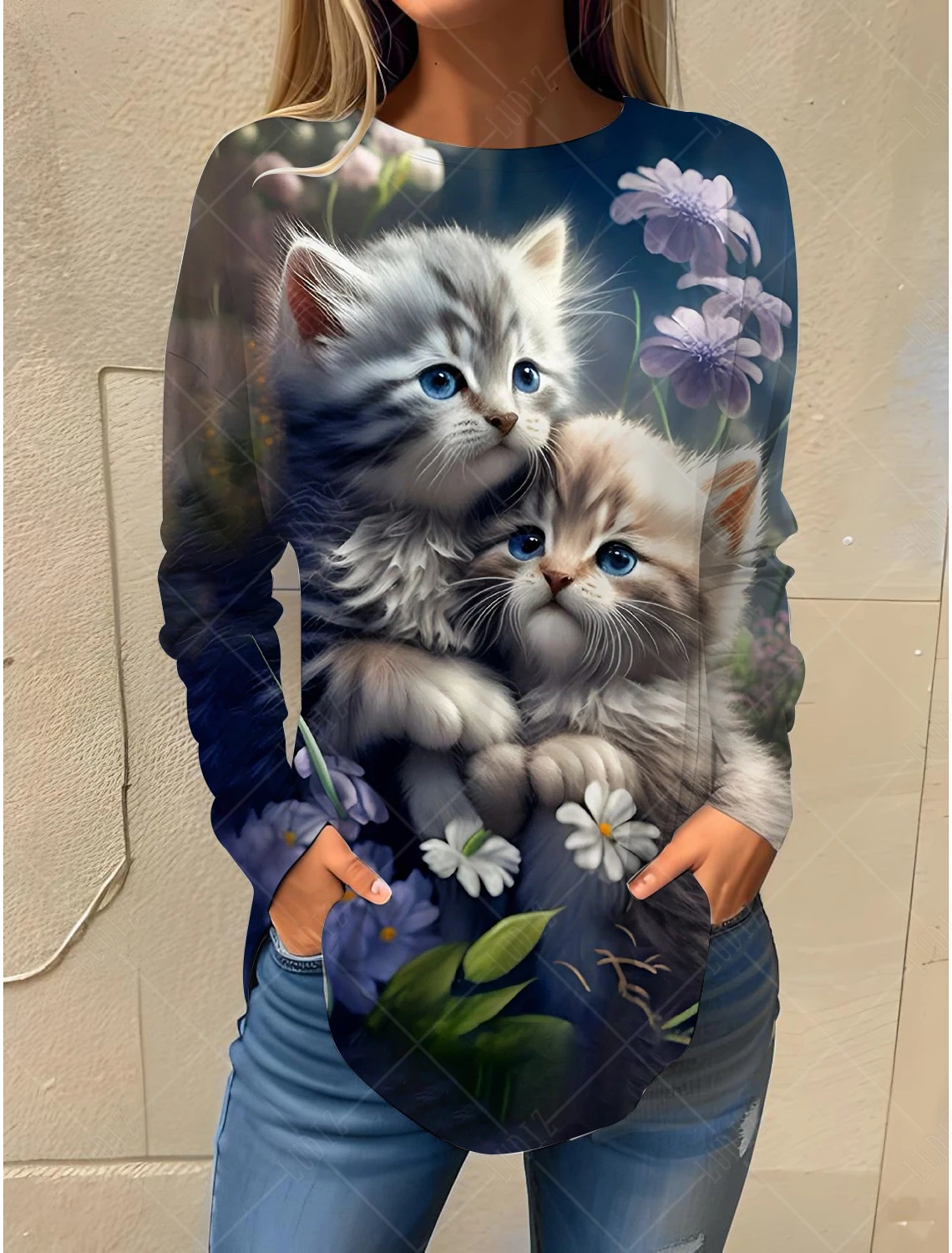 

2023 Fashion Women's Sweatshirt Pullover Kawaii Cat Graphic Casual Sports Crew Neck Long Sleeve Micro-Elastic Tops Fall & Winter