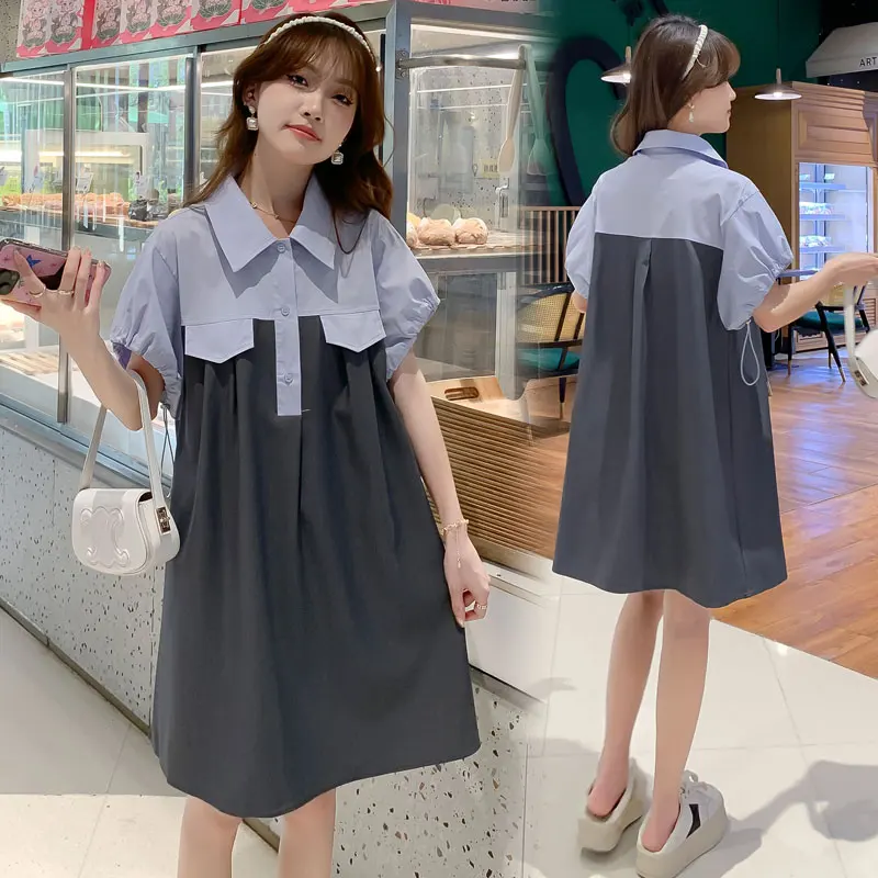 Korean Style Pregnant Woman Shirts Turn-down Collar Block Color Patchwork Drawstring Puff Sleeve Maternity Blouses Mini Dresses