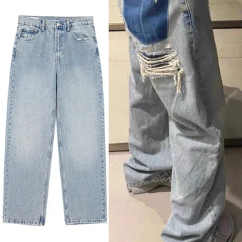 TRAF 2024 Fashion Women Casual Loose High Waist Blue Denim Trousers Female Wide Leg Jeans Long Pants High Street Ripped Jeans
