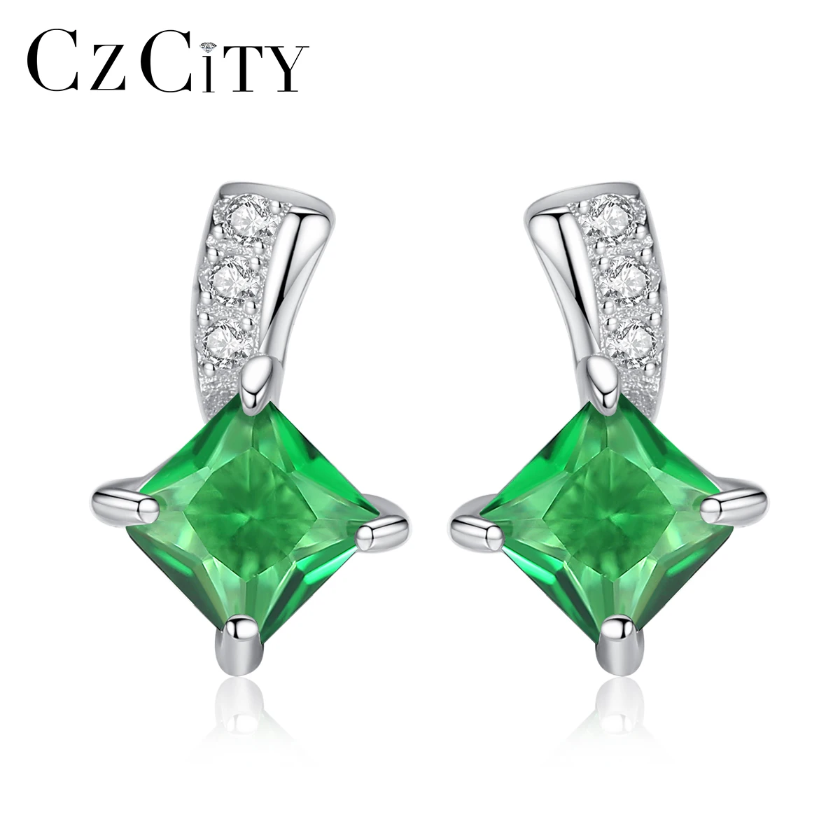 

CZCITY Cute S925 Sterling Silver Square Emerald Earrings for Women High Quality Cubic Zirconia Wedding Bridal Elegant Jewelry