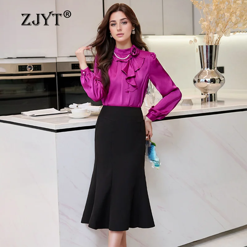 

ZJYT 2 Piece Blouse and Skirt Skirt Set for Women Matching Dress Sets 2024 Spring Elegant Office Lady Party Suit Conjuntos