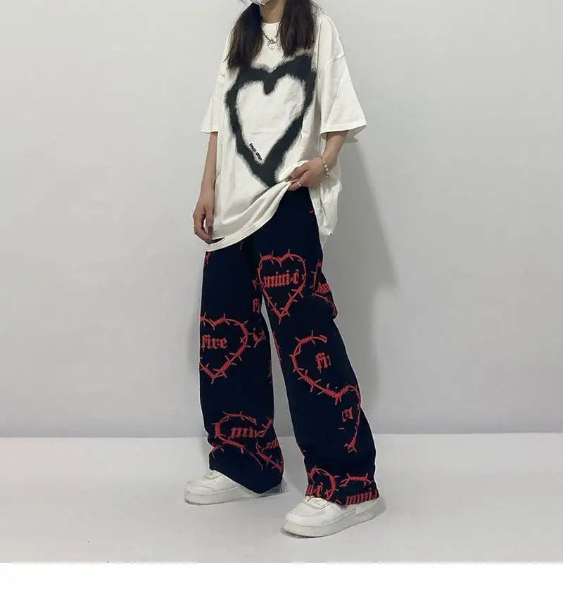 Hip hop high street handsome dark printing loose BF boyfriend casual straight pants female trousers Gothic harajuku pants black ripped jeans