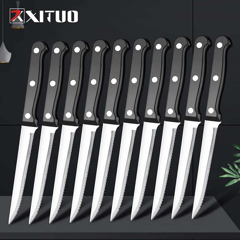 XITUO 6-12pcs Steak Knives Set Full Tang Stainless Steel Sharp Serrated Dinner Knives Set Outdoor BBQ Knife Cut Meat Bread knife