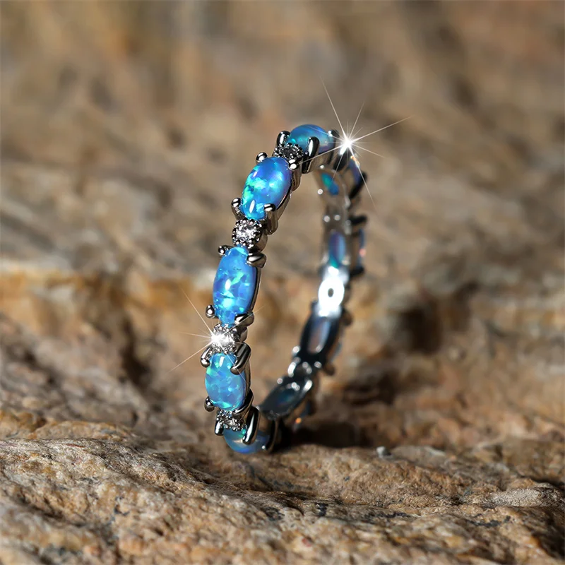 Boho Female Small Oval Stone Ring Fashion Rose Gold Silver Color Wedding Rings For Women Blue White Fire Opal Engagement Ring