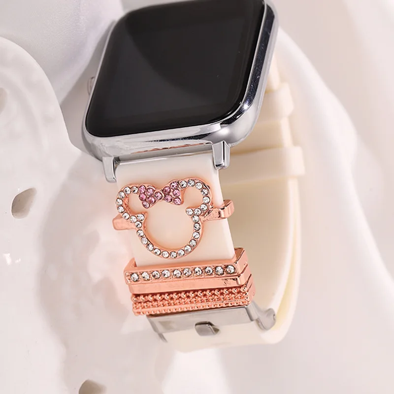Watch Strap Charms 5pcs Cartoon Mouse Rhinestone Watchband Ring Loops Cute Metal Compatible With IWatch Series