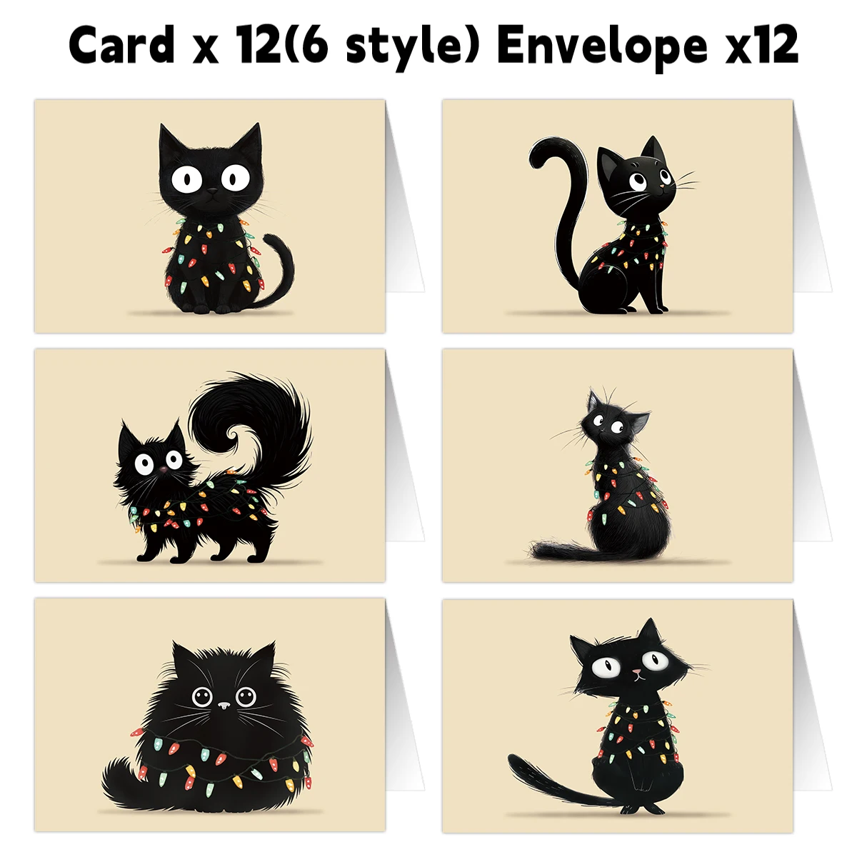 12pcs Christmas Black Cat Greeting Cards With Envelopes,Festive Stationery,Cards For Sending Warm Wish,Party Decor,Card Exchange