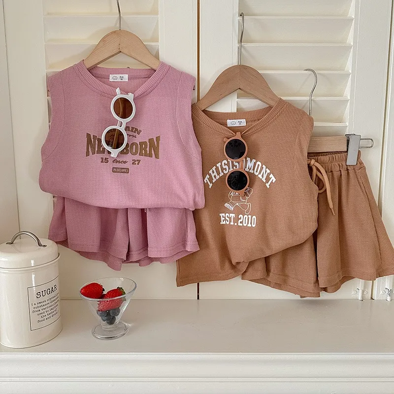 

Girls Clothes Sets Summer Sleeveless Tops Shorts Letters Print Sport Suits Children Clothing Two Piece Kids Casual Outfits 2-7Y