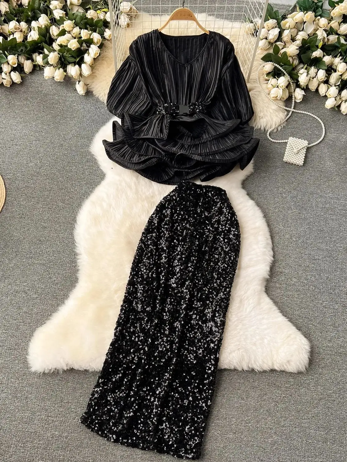 Summer Luxury Sequined Pencil Stretch Long Skirt And Short Sleeve