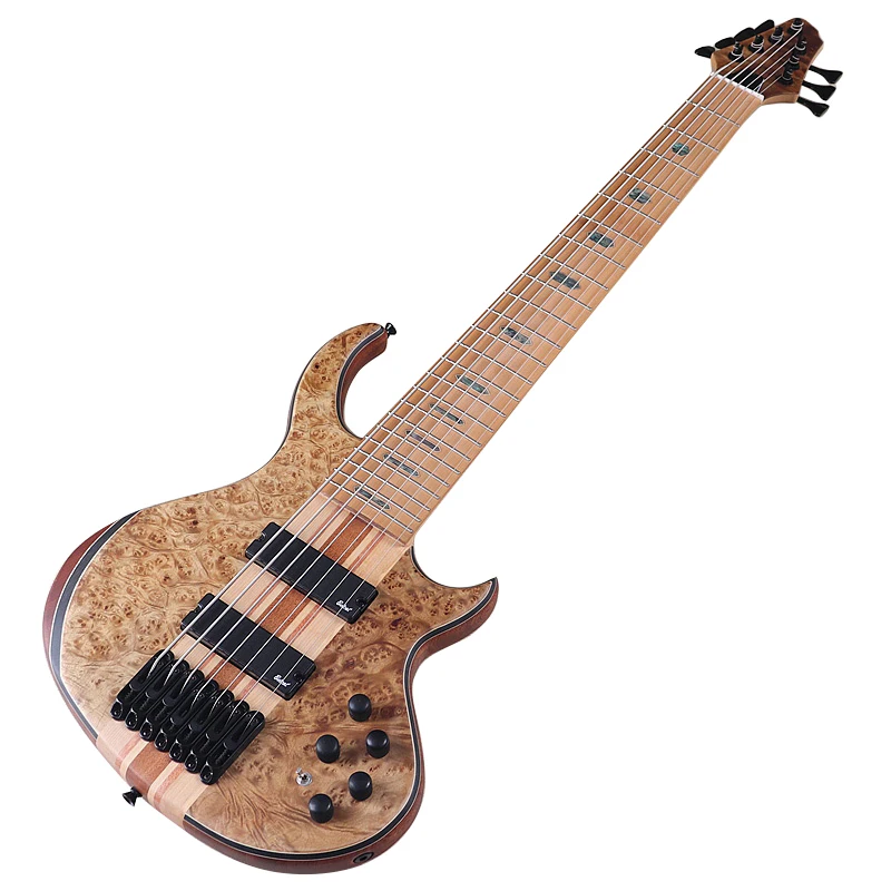 Tree Burl Top 7 String Electric Bass Guitar 43 Inch Active Guitar Neck Through Solid Okoume Wood Body High Grade