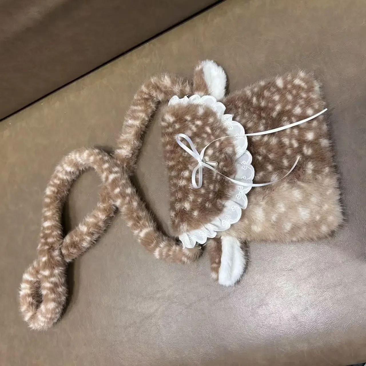 Winter Deer Series Cute Plush Bag Female Japanese Ins Kawaii Lace Lace Wallet Korean Slanting Cross Fur Jk Lolita Accessory Bag