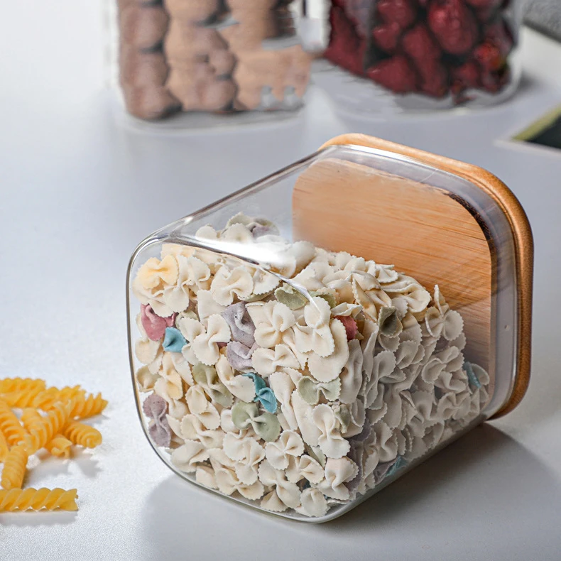 Square Sealed Glass Bottles Jars Tea Coffee Beans Storage Boxes Candy Snack Tins Bamboo Lid