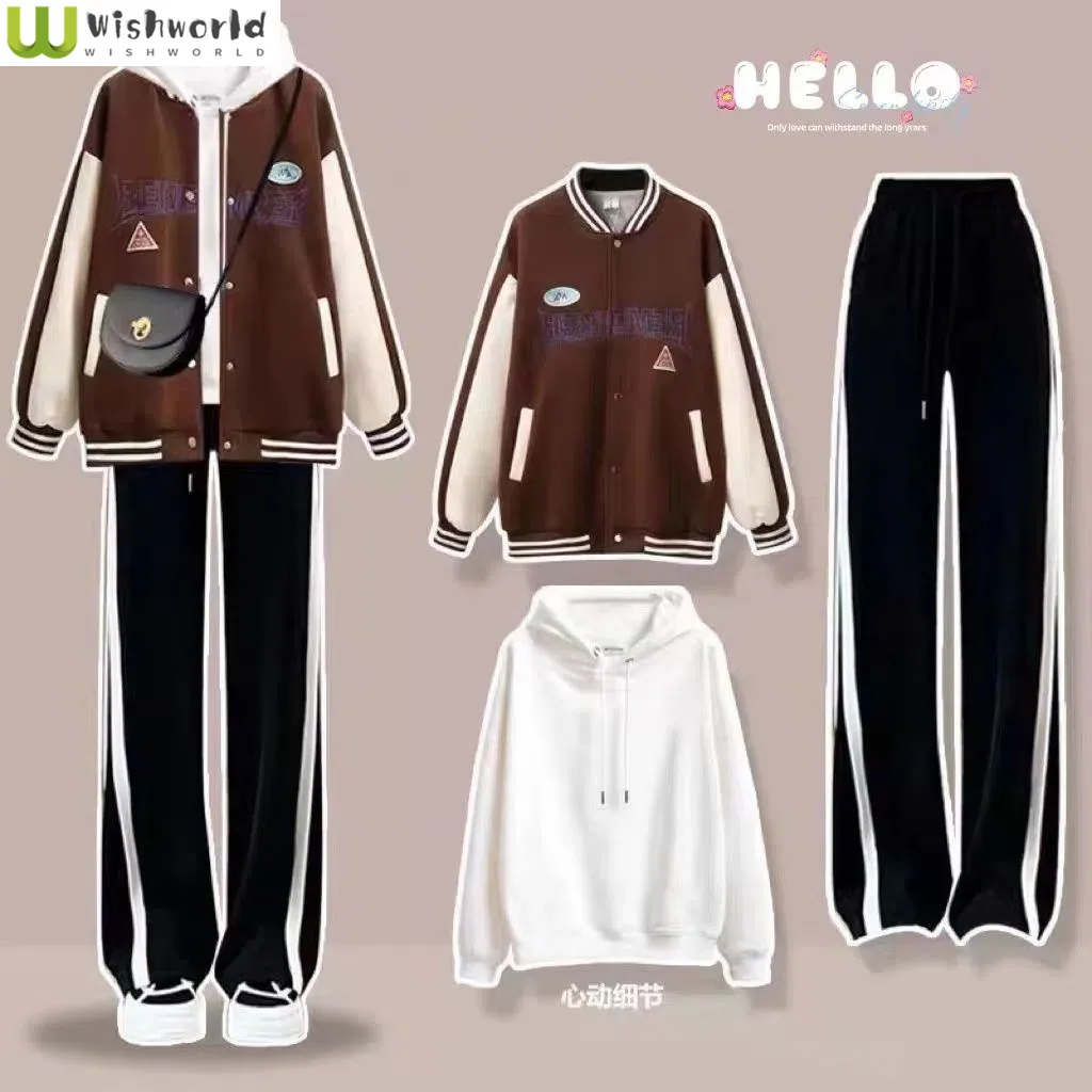 Spring and Autumn Suit Female Student Korean Version Loose Baseball Uniform+casual Pants College Style Three Piece Suit Fashion hmuan correct version cartoon duckling embroidery color matching duck tongue curved brim baseball cap couple