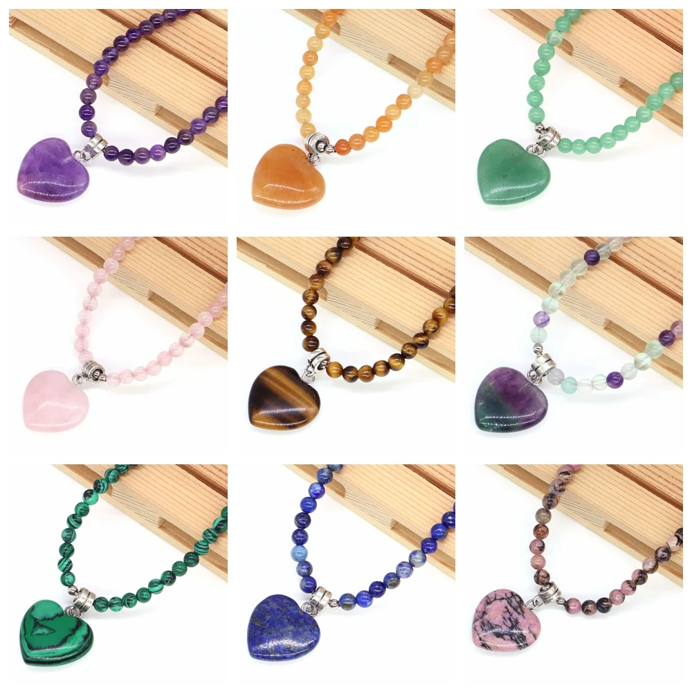 20mm Crystal Heart Shaped Beads Necklace Natural Stones Amethyst Lapis Reiki Healing Quartz Pendant Jewelry Love Gifts For Women