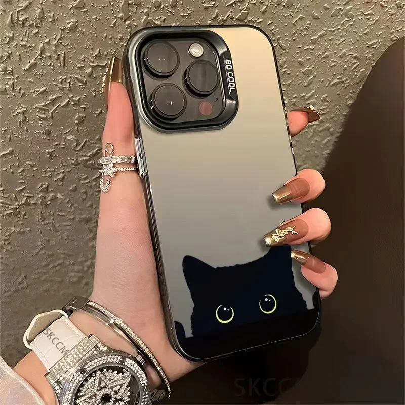 Cute Black Cat Pattern Shockproof Matte Phone Case with Plating Design