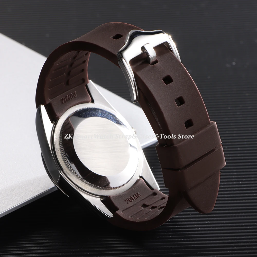 Curved End Rubber Watch Strap - Green Brown Silicone Sports Band