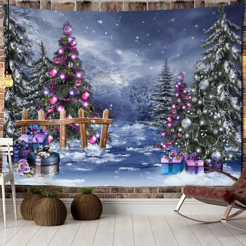 KuSONG Xmas Tree Tapestry with LED Star Light Merry Christmas Background Wall Hanging Art Tapestries for Photography Blanket Festival Decor (M