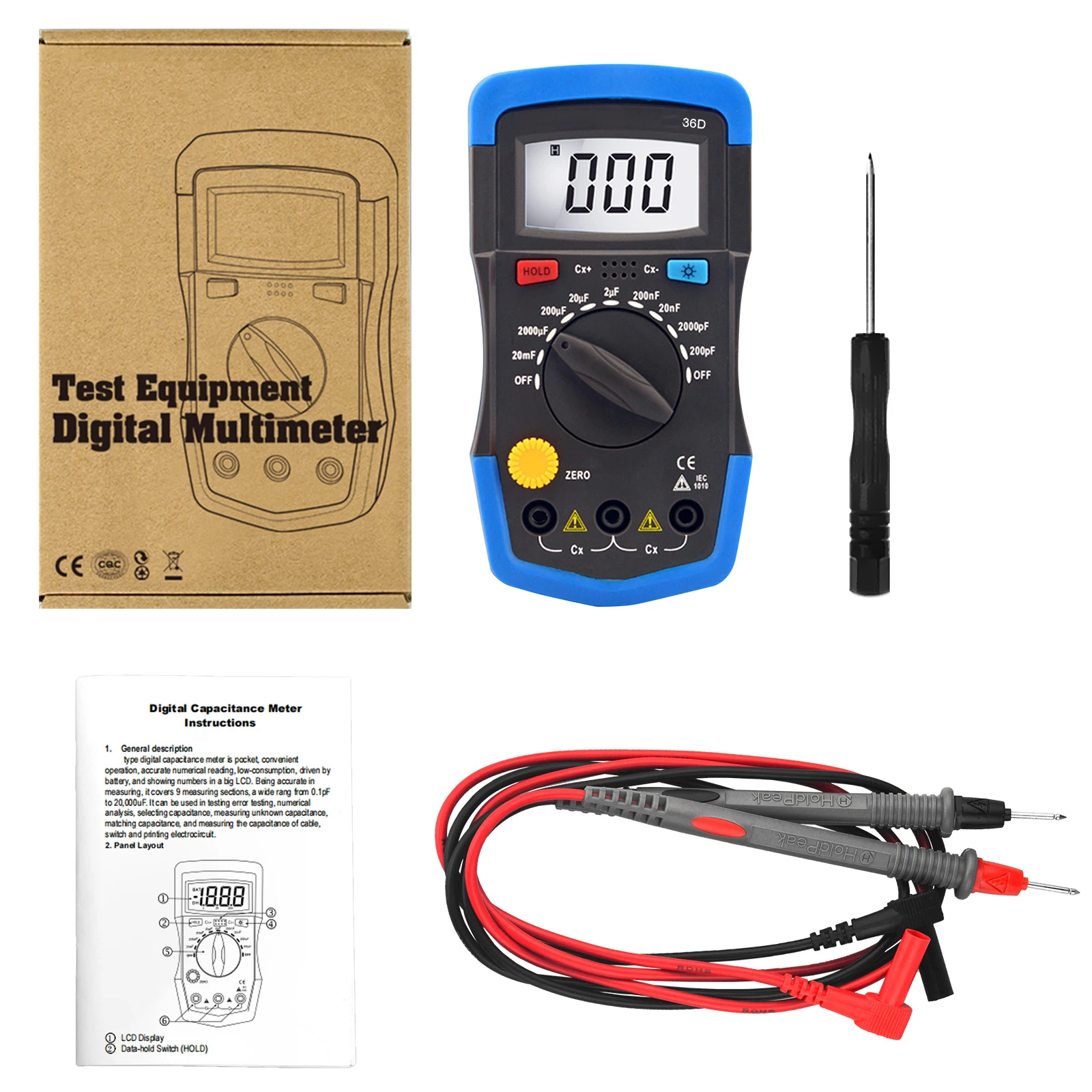 HoldPeak HP-36D Digital Capacitance Meter Handheld Capacitor Tester Backlight