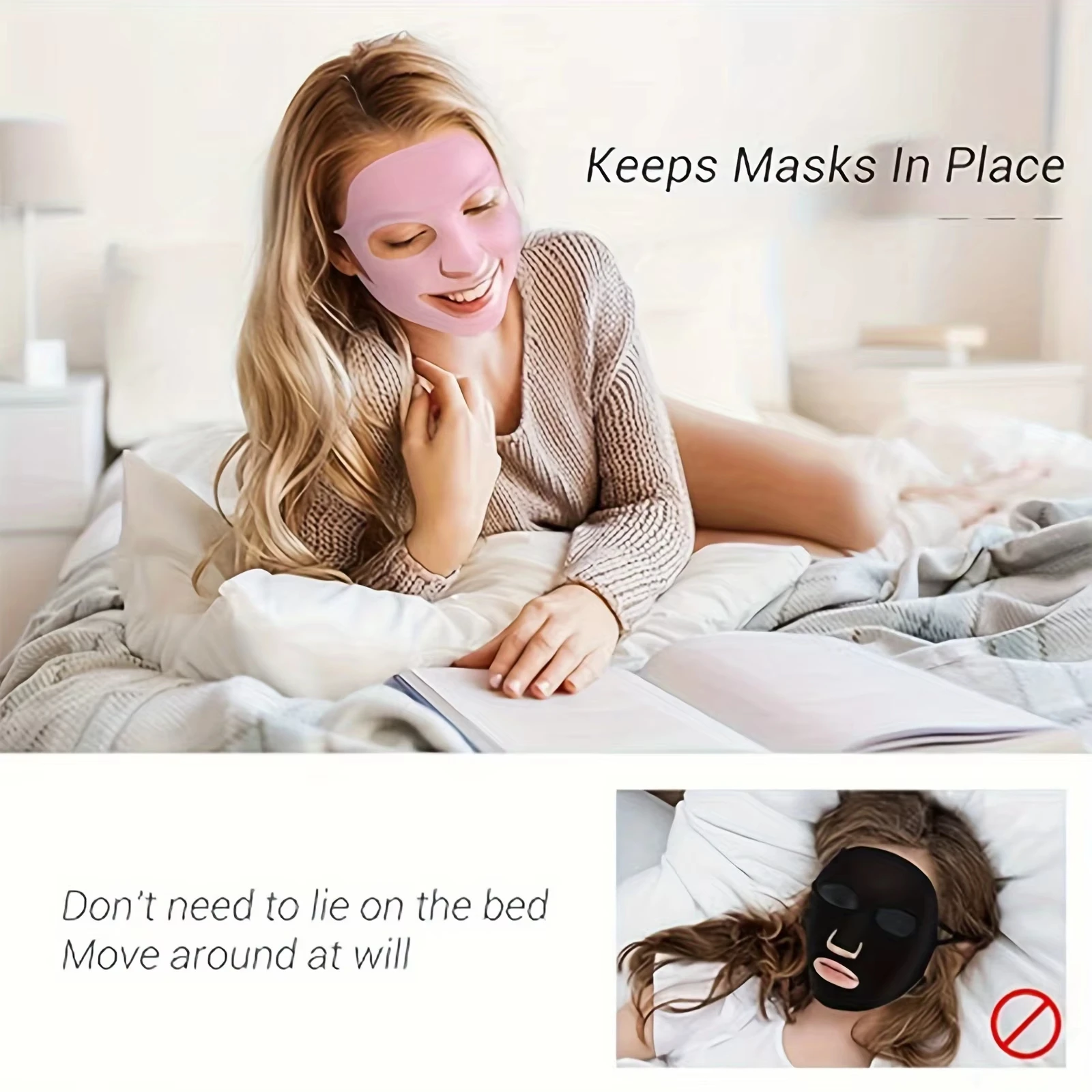 Trois masques réutilisables 3D en silicone et tissu de couleurs noire, bleue et rose, alignés côte à côte pour comparer les teintes et le design.