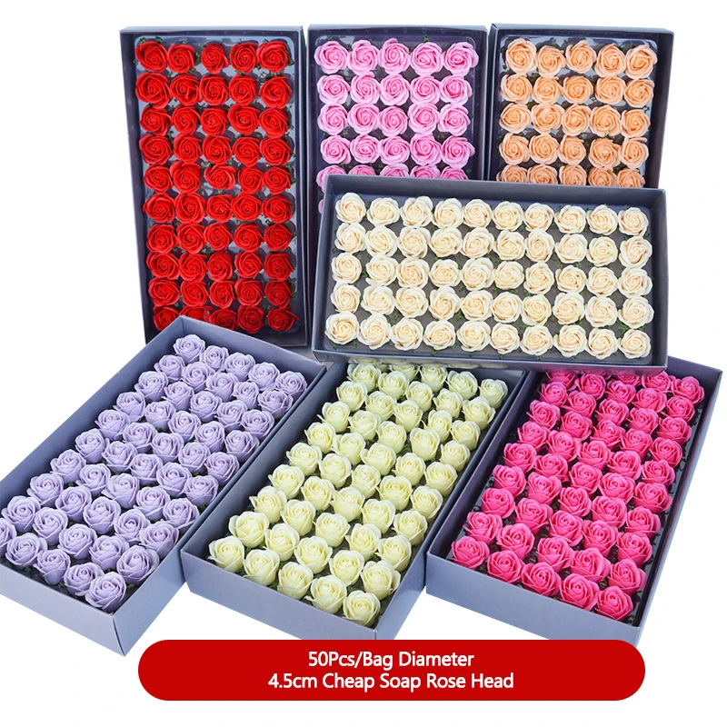 저렴한 비누 장미 머리 아름다움, 결혼식 발렌타인 데이 선물, 웨딩 부케, 홈 데코, 핸드 플라워, 상자당 50 개, 직경 4.5cm 