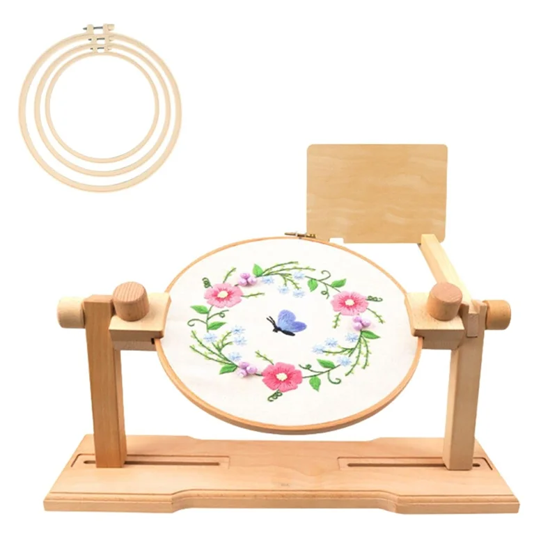 Adjustable Embroidery Hoop Holder, Crossstitch Supplies Rotated Embroidery Lap Stand With 3 Hoops