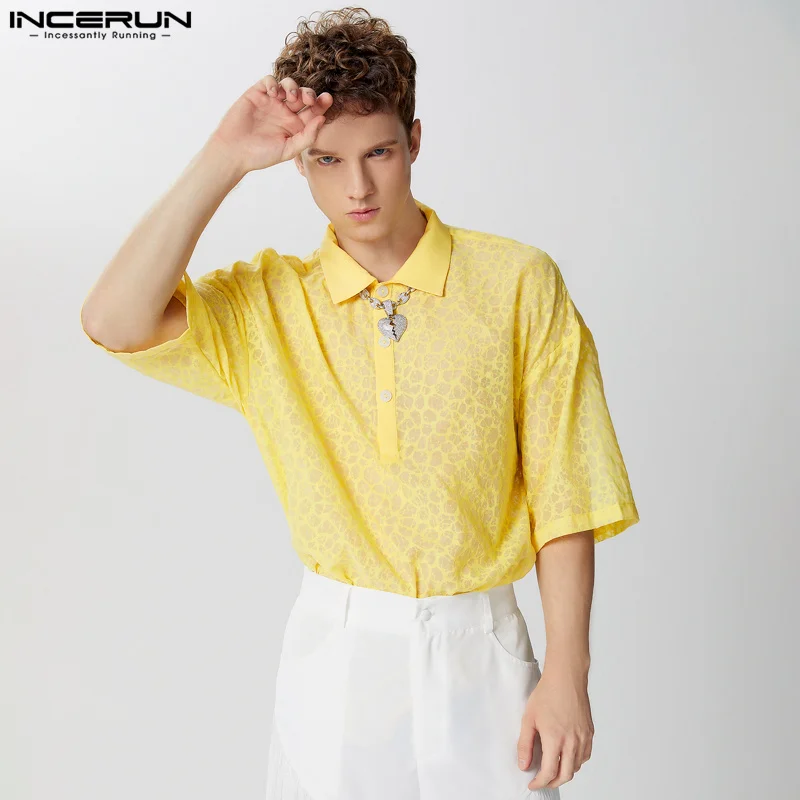 

Рубашка INCERUN мужская с отложным воротником и коротким рукавом, прозрачная повседневная одежда, свободная уличная одежда, лето 2024