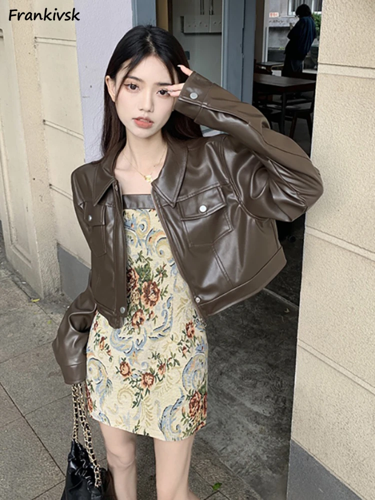 

Cropped Jackets Women Spring European Outwear Turn-down Collar Moto-style All-match Solid Simple Streetwear Leisure Trendy Fit