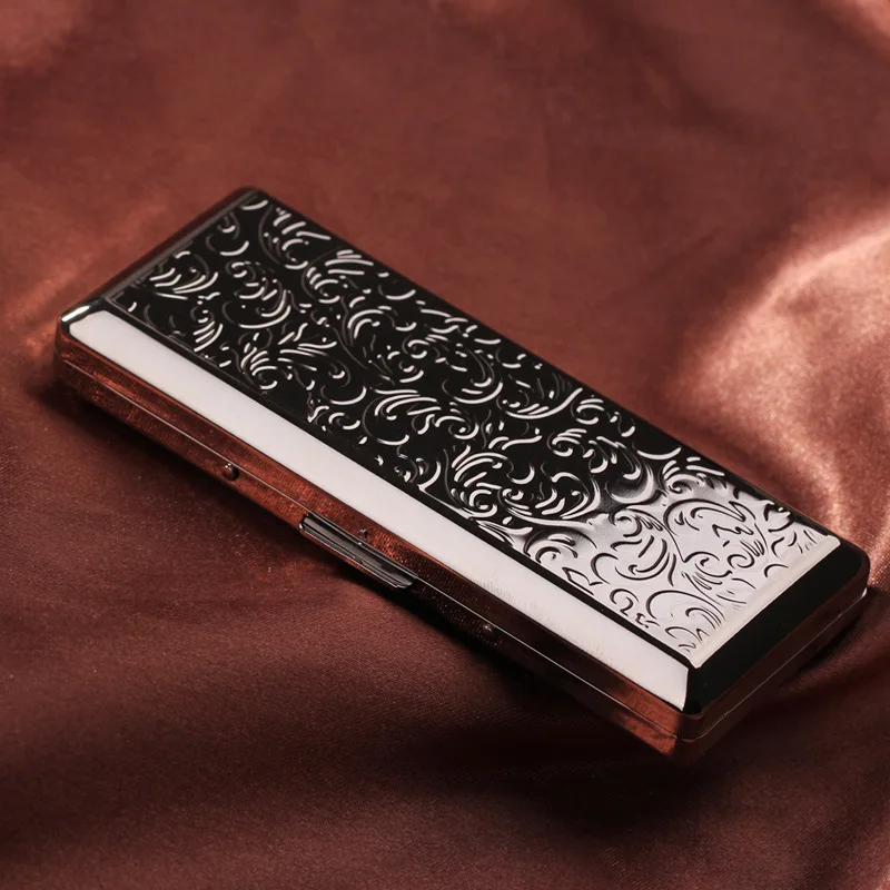 ladies cigarette case - portable metal slim cigarettes case for 10-14pcs female embossed cigarettes smoke case box smoking accessories 3 color