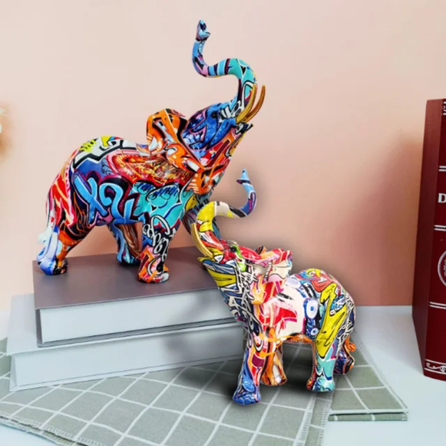 Sculpture d'éléphant de graffiti de peinture nordique, figurine d'art, statue d'éléphant créative, artisanat de résine, ornements de décoration à la maison 3