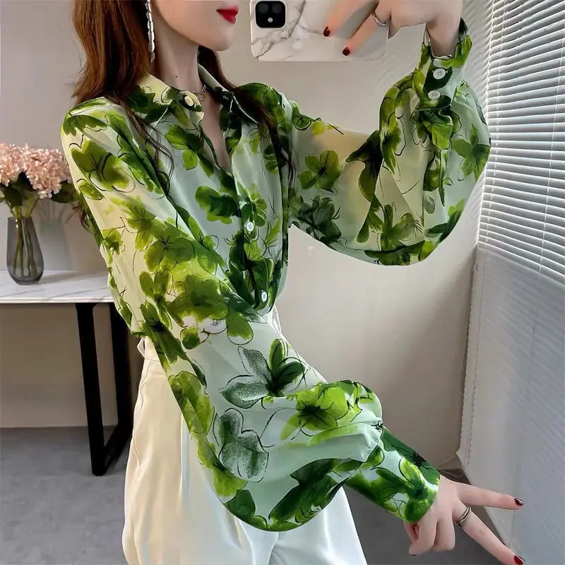 Stylish Lapel Button All-match Printed Lantern Sleeve Shirt Female Clothing 2023 Spring New Casual Tops Loose Office Lady Blouse