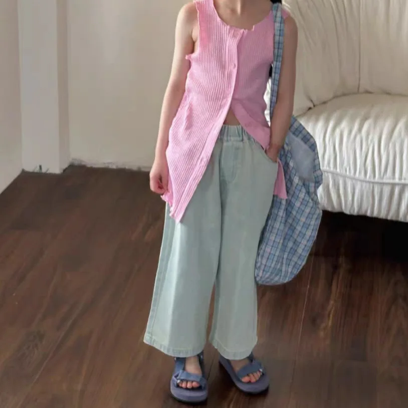  소녀 여름 조끼 어린이 한국어 단색 민소매 카디건 니트 롱 탑 아동복 버튼 2..